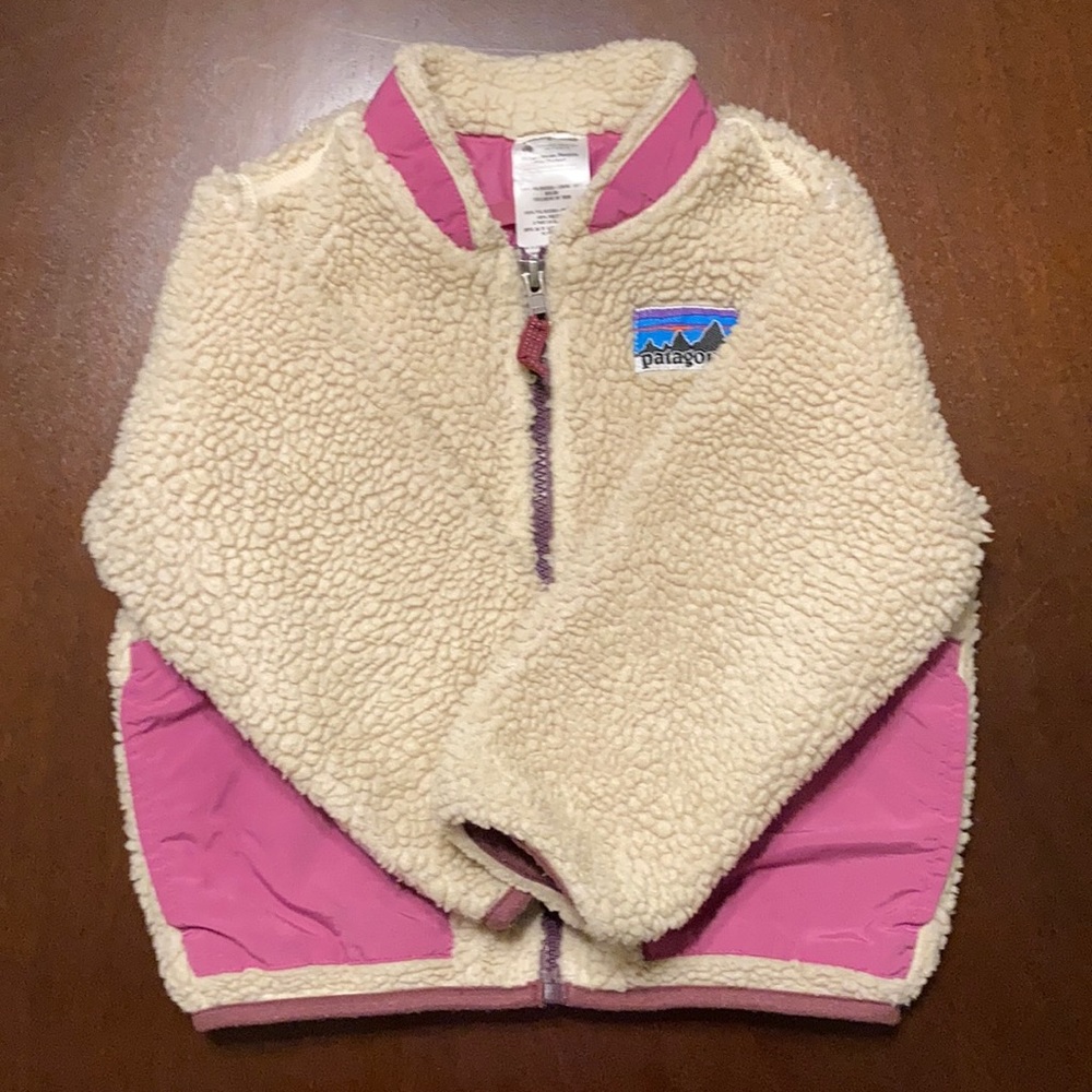 Patagonia Kids Cream Sherpa Fleece Jacket with Pink Trim